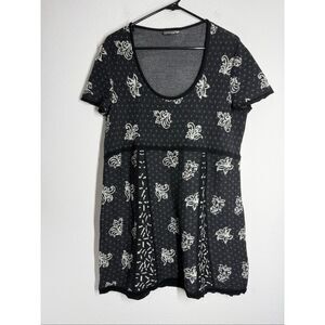 European Boutique Black White Knit Boho Babydoll Tunic Dress Size XL